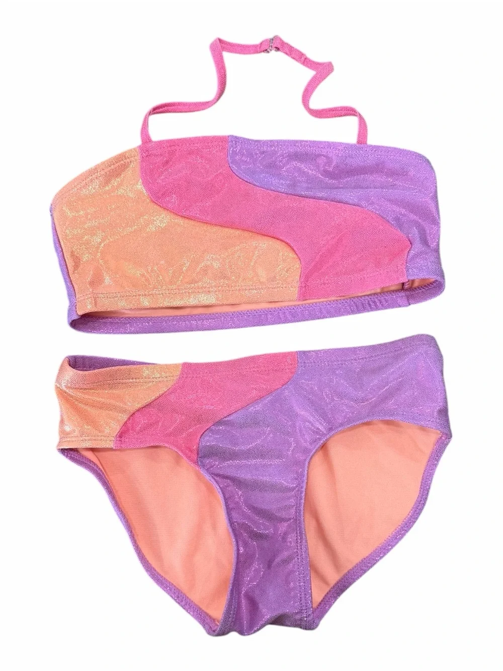 Justice Colorblock Shimmery Bikini Set in Purple, Pink & Peach 7/8